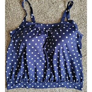 Lands' End Swim Top Navy 24W Tankini Tummy Hiding Blouson Modest Polka Dots S609